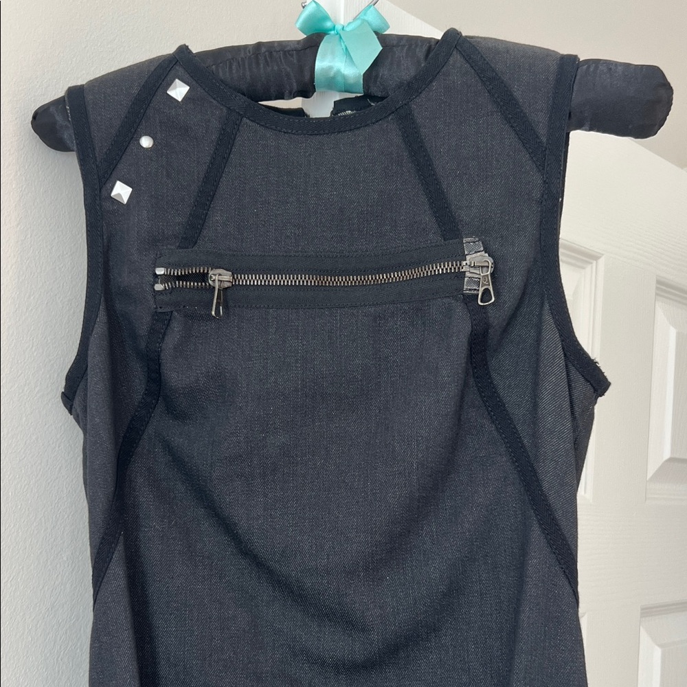 McQ by Alexander McQueen Black Denim Midi Dress with Zipper Detail - Picture 3 of 11